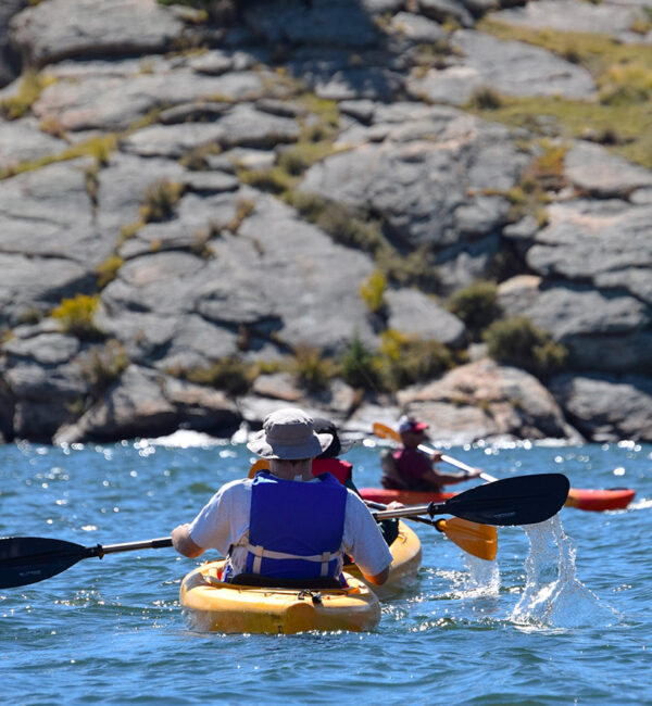 Une groupe de personne fait du kayak sur un lac.