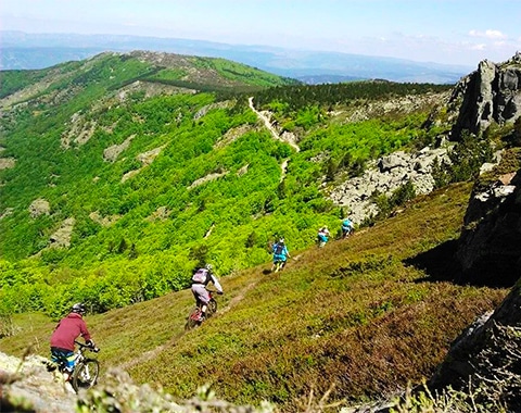 Un groupe de 5 vélos arpente les flancs de collines lozériens.