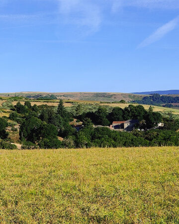 Vue d'ensemble du corps de ferme depuis un pré